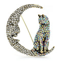 Jeweled Cat on Crescent Moon Brooch