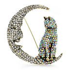 Jeweled Cat on Crescent Moon Brooch