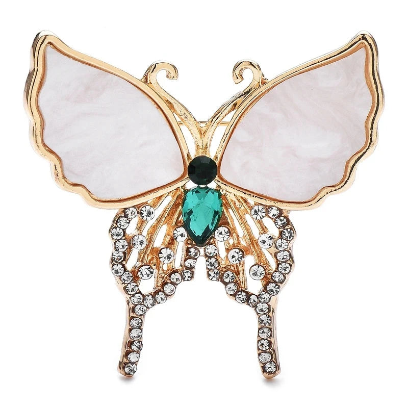 Abalone-Look Butterfly with Rhinestone Drops Brooch — White & Gold