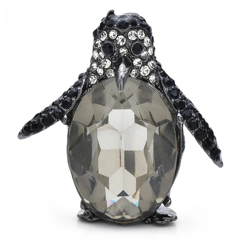 Grey Faceted Penguin with Black Rhinestones Brooch — Black & Grey