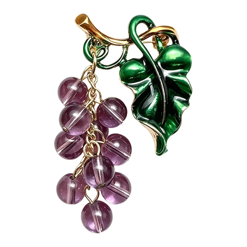 Dangling Grape Cluster with Leaf Brooch