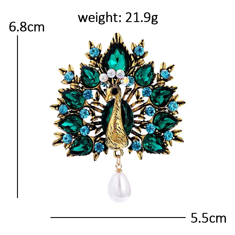 Vintage Peacock Fan with Pearl-Look Drop Brooch