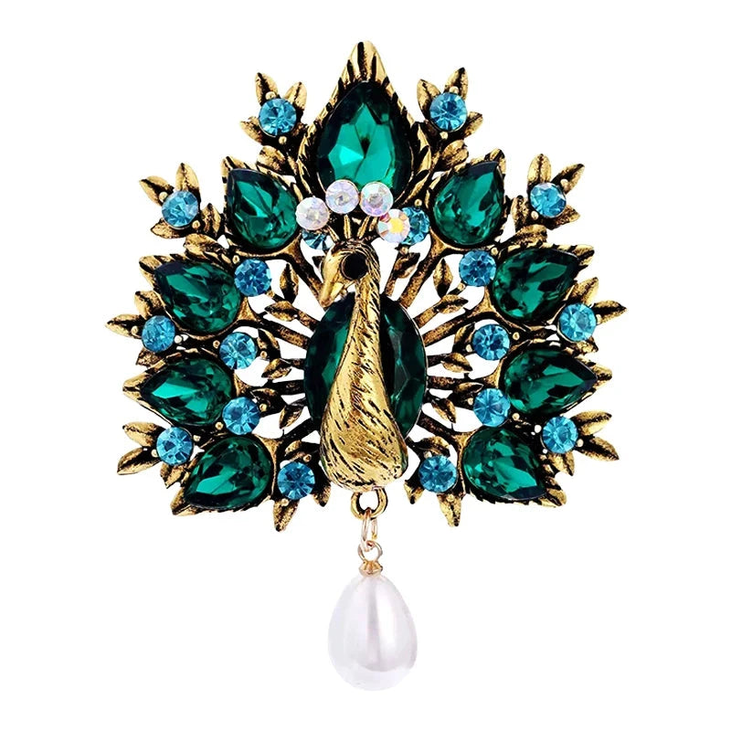 Vintage Peacock Fan with Pearl-Look Drop Brooch original white background product photo