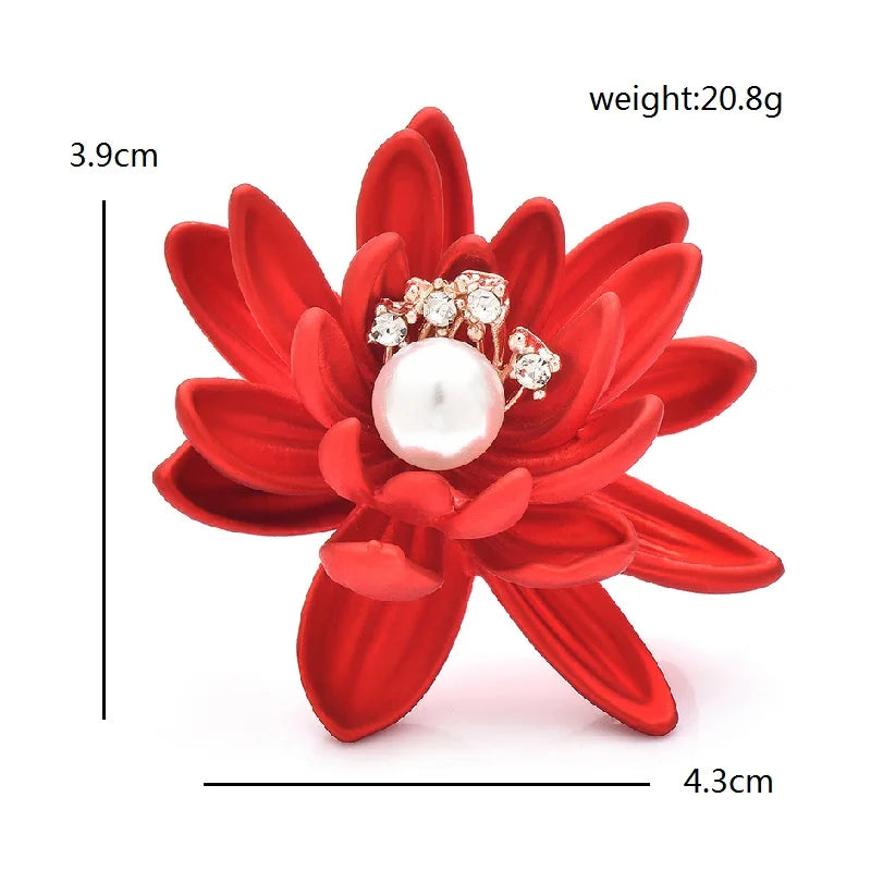 Red Lotus Flower with Pearl-Look Center Brooch — dimensions