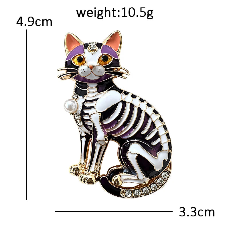 Skeleton Cat with Pearl-Look Accent Brooch