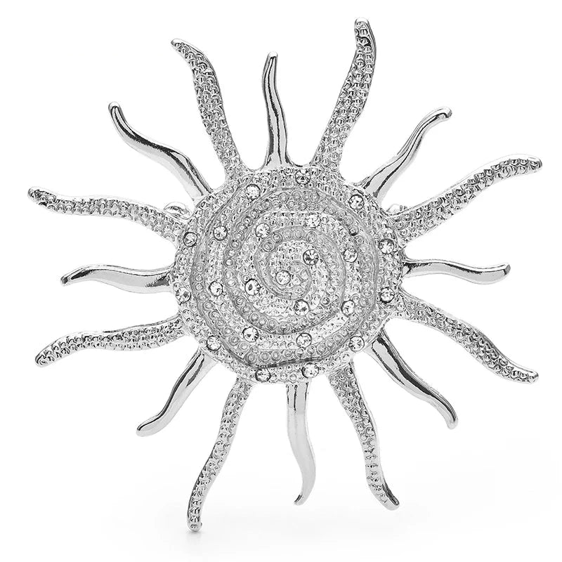 Spiral Sunburst with Rhinestone Accents Brooch — Silver