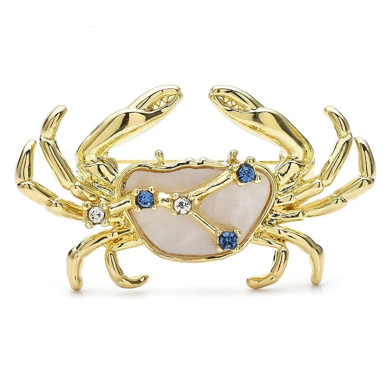 Cancer Crab Zodiac with Blue Star Accents Brooch — Gold