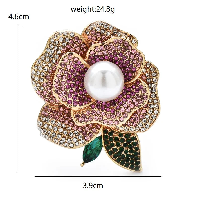 Rhinestone Rose with Pearl-Look Center Brooch — dimensions