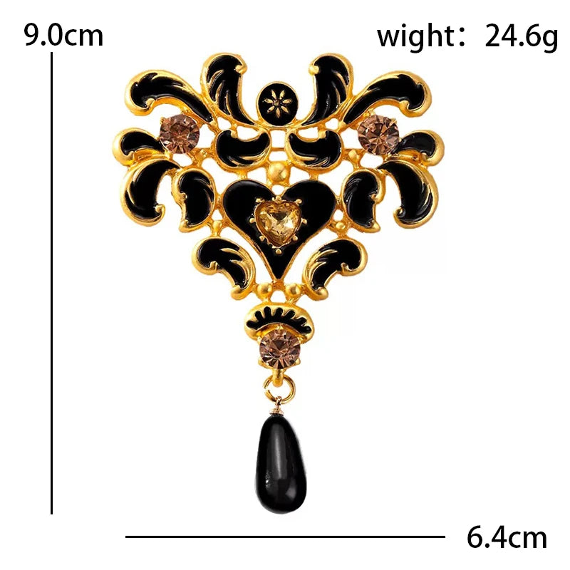 Black Enamel Floral Scroll with Teardrop Brooch — dimensions