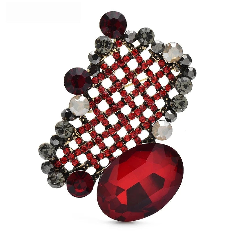 Jeweled Lattice with Faceted Oval Brooch — Red