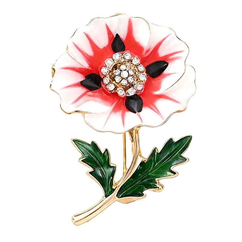 Red and White Poppy Flower Brooch