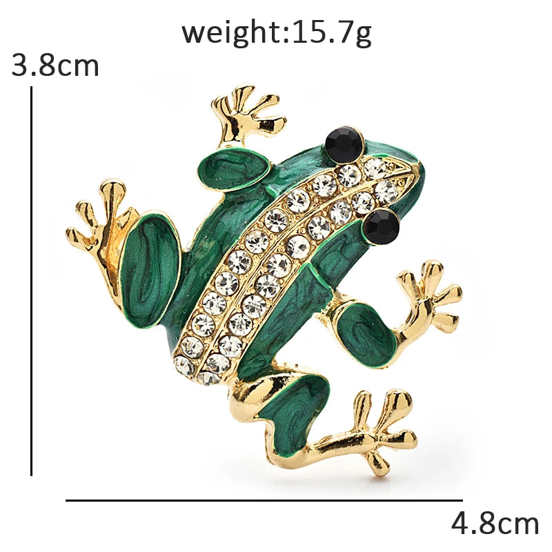 Green Enamel Frog with Rhinestone Stripe Brooch — dimensions