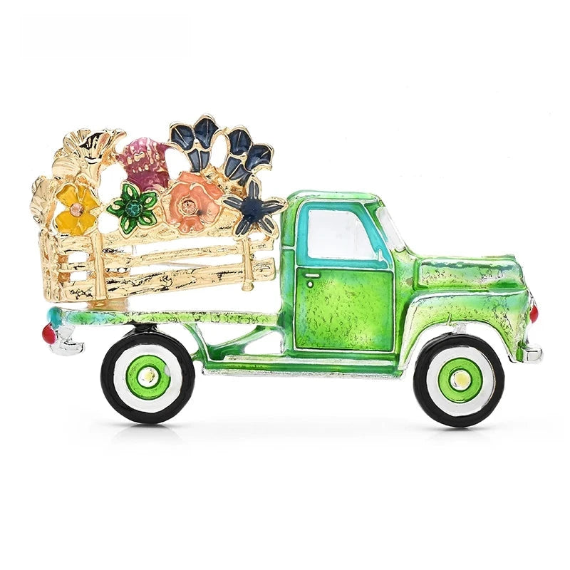 Green Enamel Pickup Truck with Flowers Brooch — Green