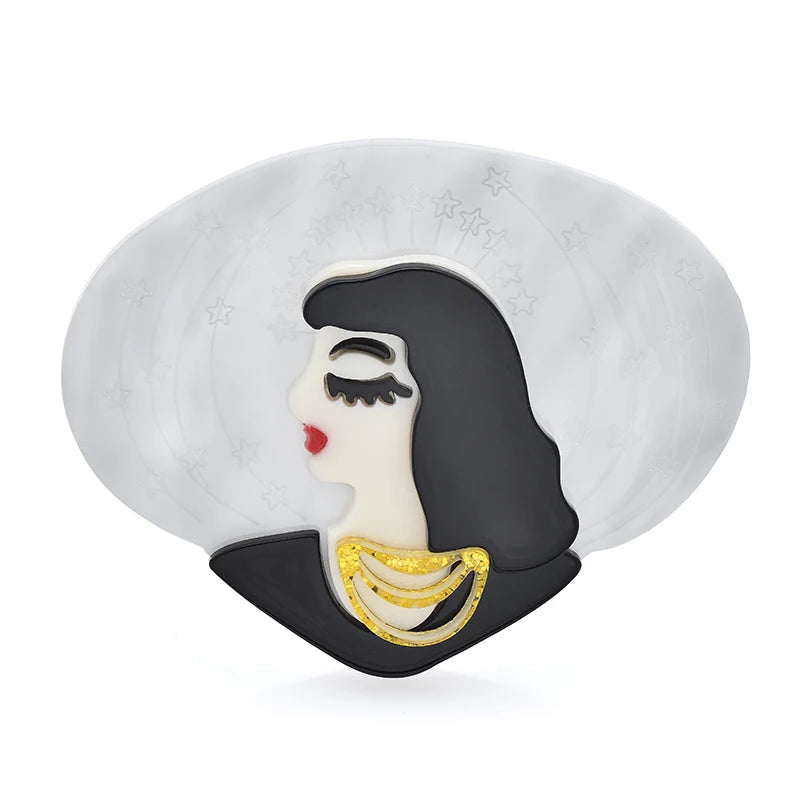 Acrylic Portrait with Layered Necklace Brooch — Black