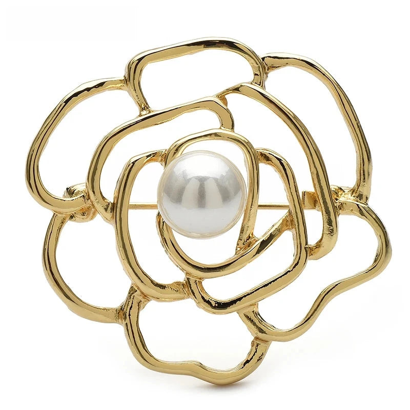 Openwork Rose with Pearl-Look Center Brooch — Gold