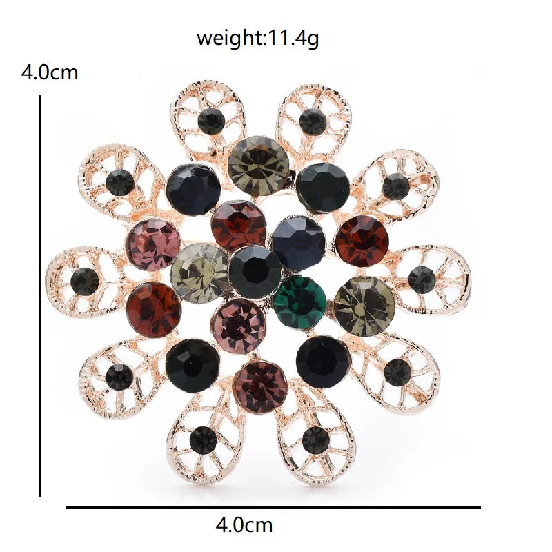 Round Rhinestone Flower with Looped Petals Brooch — dimensions