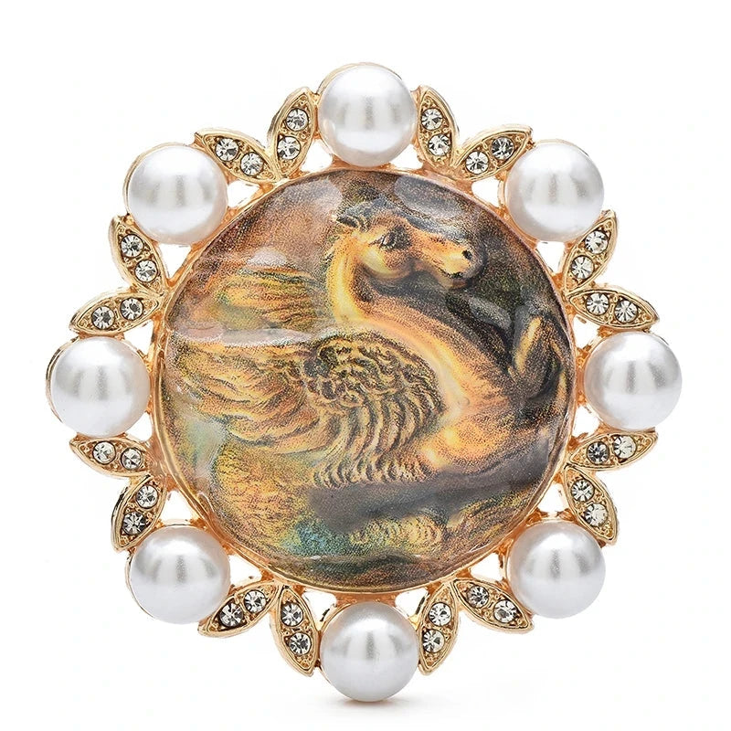 Running Horse Medallion with Pearl-Look Border Brooch — Yellow