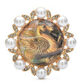 Running Horse Medallion with Pearl-Look Border Brooch — Yellow