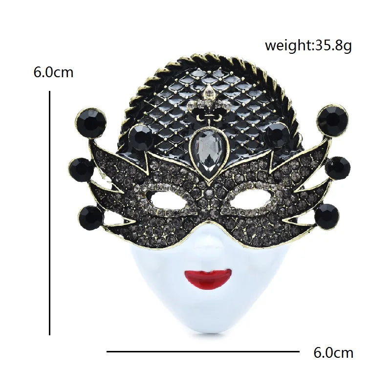 Jeweled Masquerade Face with Enamel Lips Brooch — dimensions