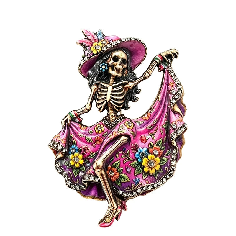 Dancing Calavera Lady in Floral Dress Brooch original white background product photo