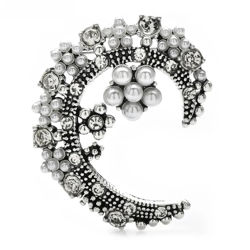 Pearl-Look Crescent Moon and Stars Brooch — Silver