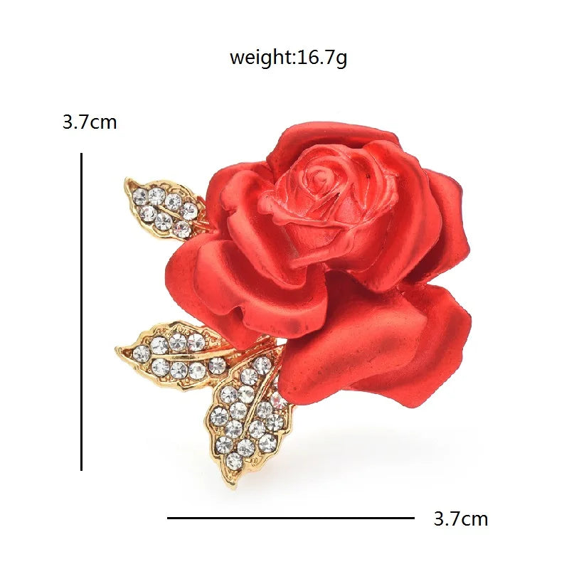 Red Rose with Rhinestone Leaves Brooch