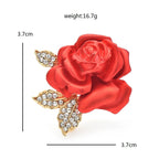 Red Rose with Rhinestone Leaves Brooch