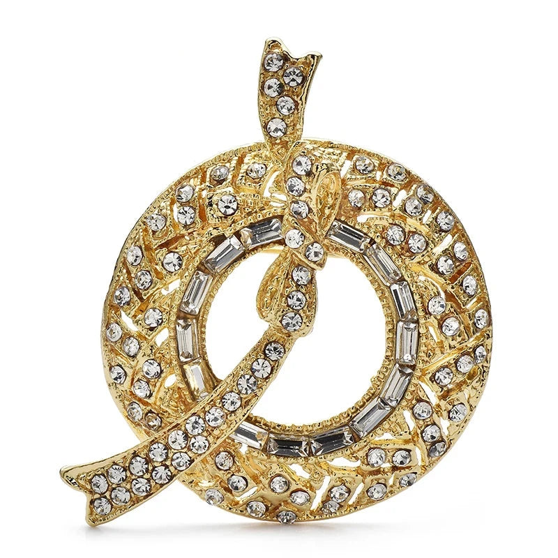 Rhinestone Circle with Ribbon Swirl Brooch — Gold & Clear