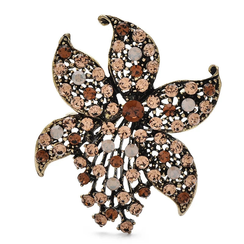 Vintage-Style Jeweled Flower with Pointed Petals Brooch — Brown