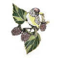 Jeweled Bird on Berry Branch Brooch — Green & Plum