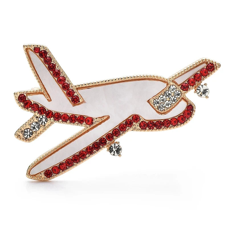 Abalone-Look Airplane with Rhinestone Borders Brooch — White & Red