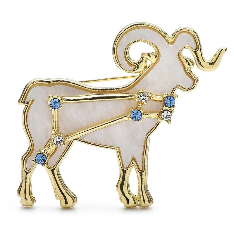 Aries Ram with Blue Star Accents Brooch — Gold