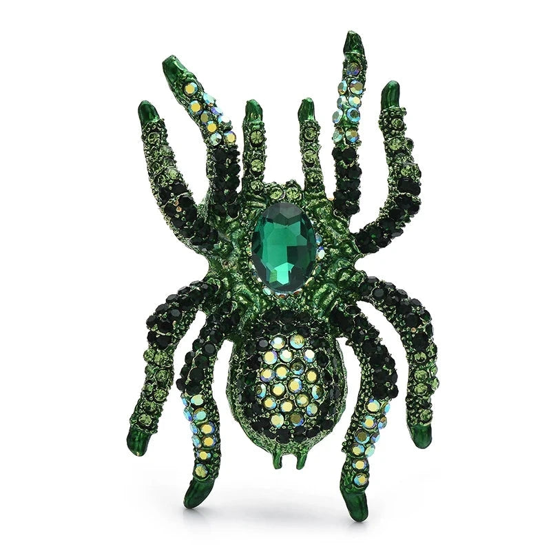 Oversized Rhinestone Spider Brooch — Green