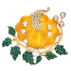 Enamel Pumpkin with Rhinestones and Leaves Brooch — Yellow