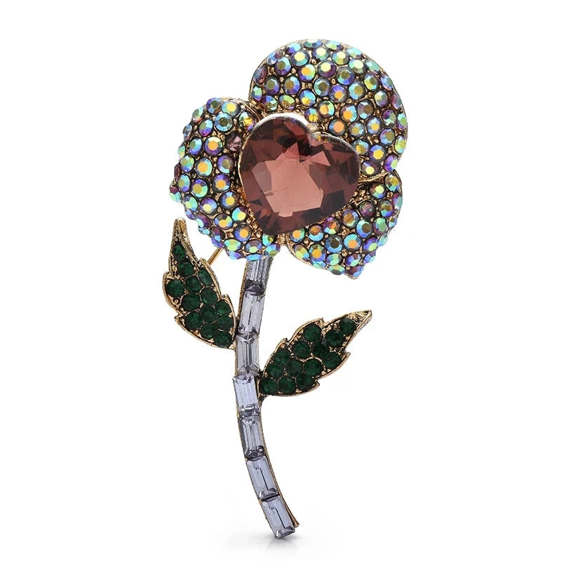 Jeweled Flower with Heart Center Brooch — Purple