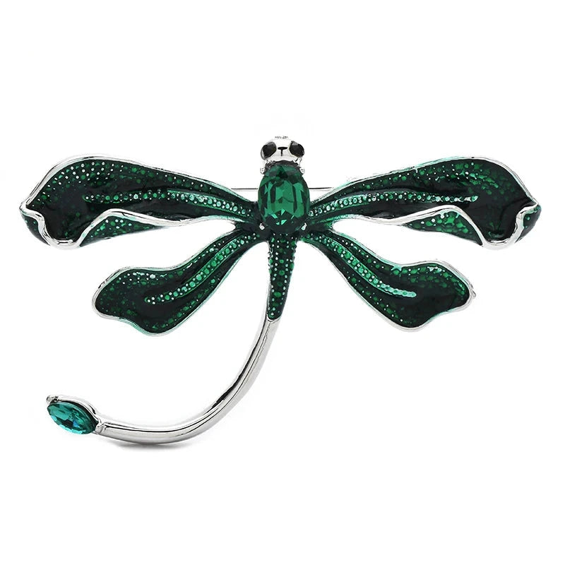 Enamel Dragonfly with Curved Tail Brooch — Green
