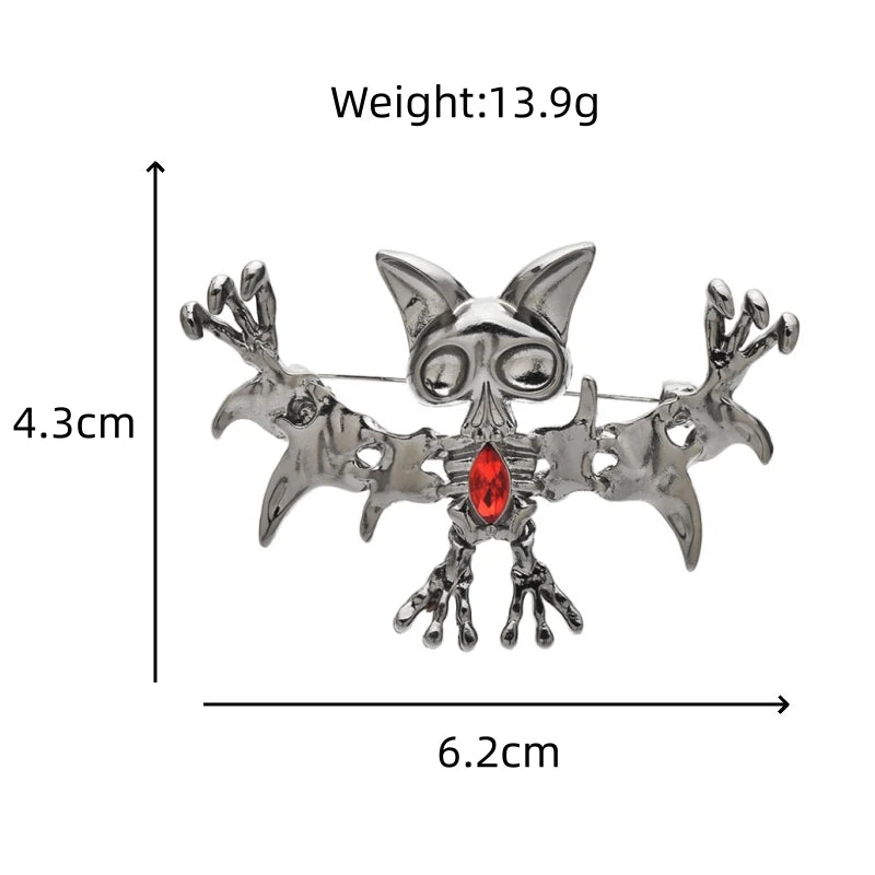 Playful Bat with Red Faceted Stone Brooch — dimensions
