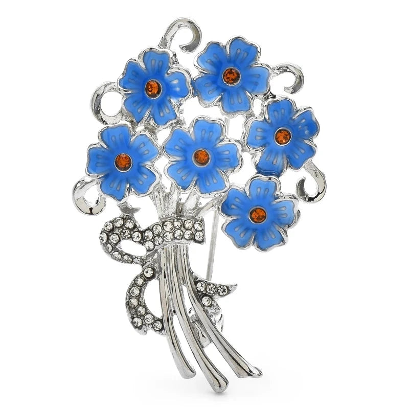 Enamel Flower Bouquet with Rhinestone Bow Brooch — Light Blue