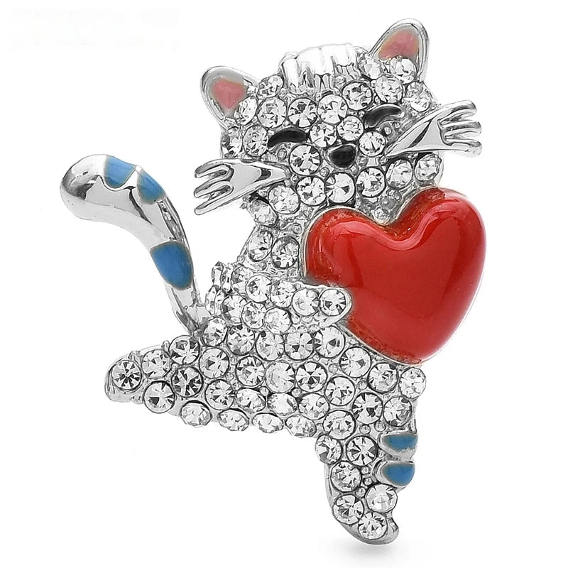 Sparkling Cat Holding a Red Heart Brooch