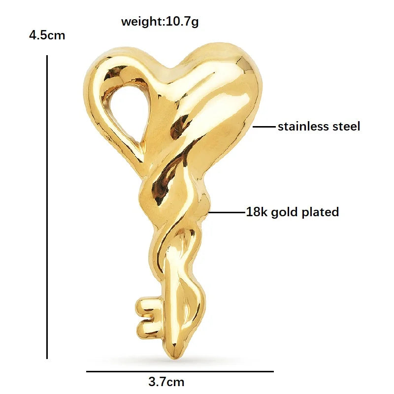 Sculptural Heart Key Stainless Steel Brooch — dimensions