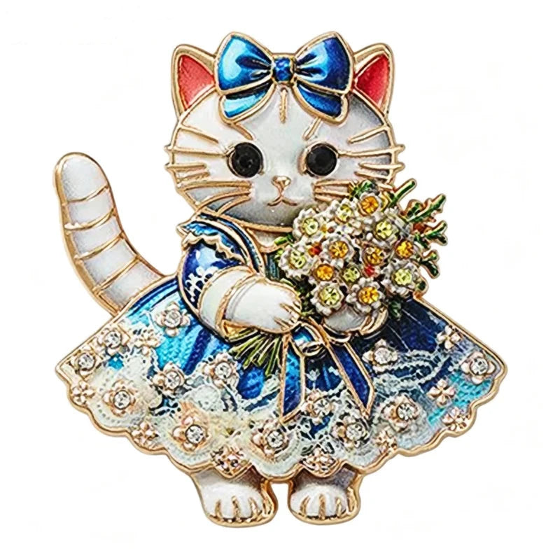 Dressed Cat with Flower Bouquet Brooch