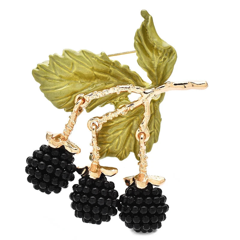 Enamel Berry Branch with Dangling Fruit Brooch — Black