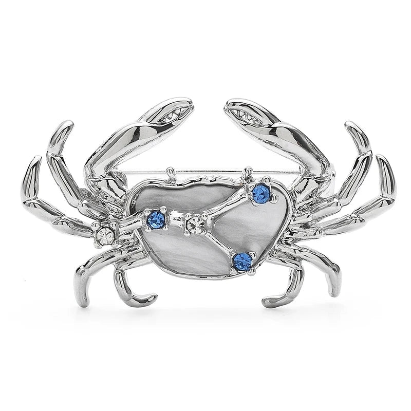 Cancer Crab Zodiac with Blue Star Accents Brooch — Silver