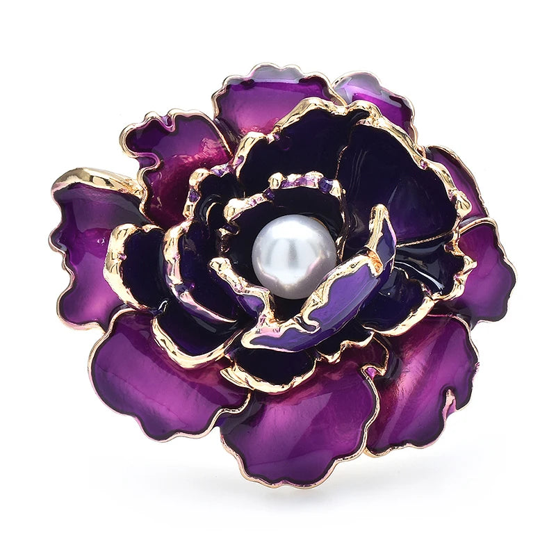 Enamel Peony with Pearl-Look Center Brooch — Purple