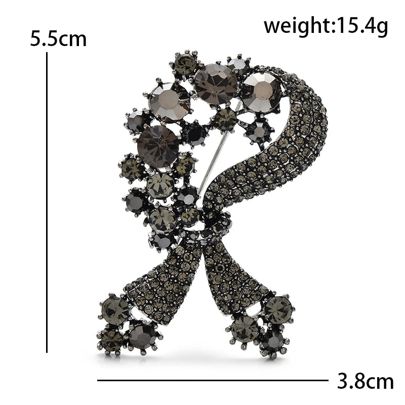 Vintage-Style Floral Rhinestone Bow Brooch — dimensions