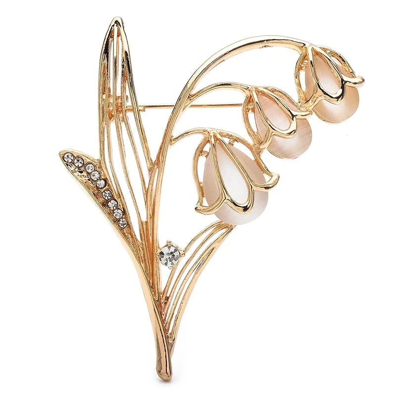 Lily of the Valley with Pearl-Look Flowers Brooch — Gold
