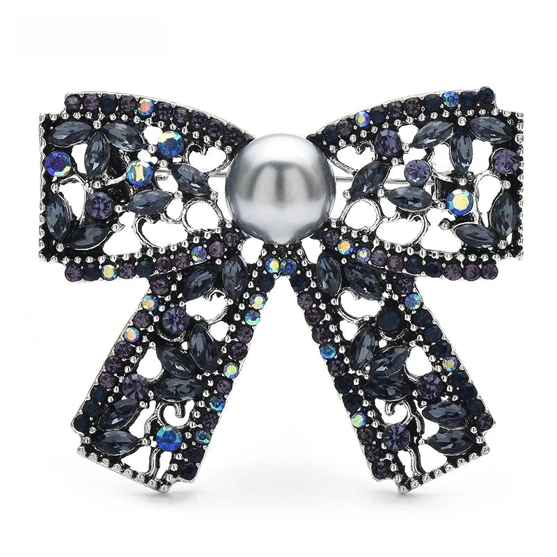 Vintage-Style Rhinestone Bow with Pearl-Look Center Brooch — Black