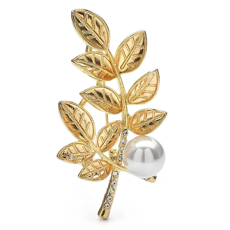 Wheat Branch with Pearl-Look Accent Brooch — Gold