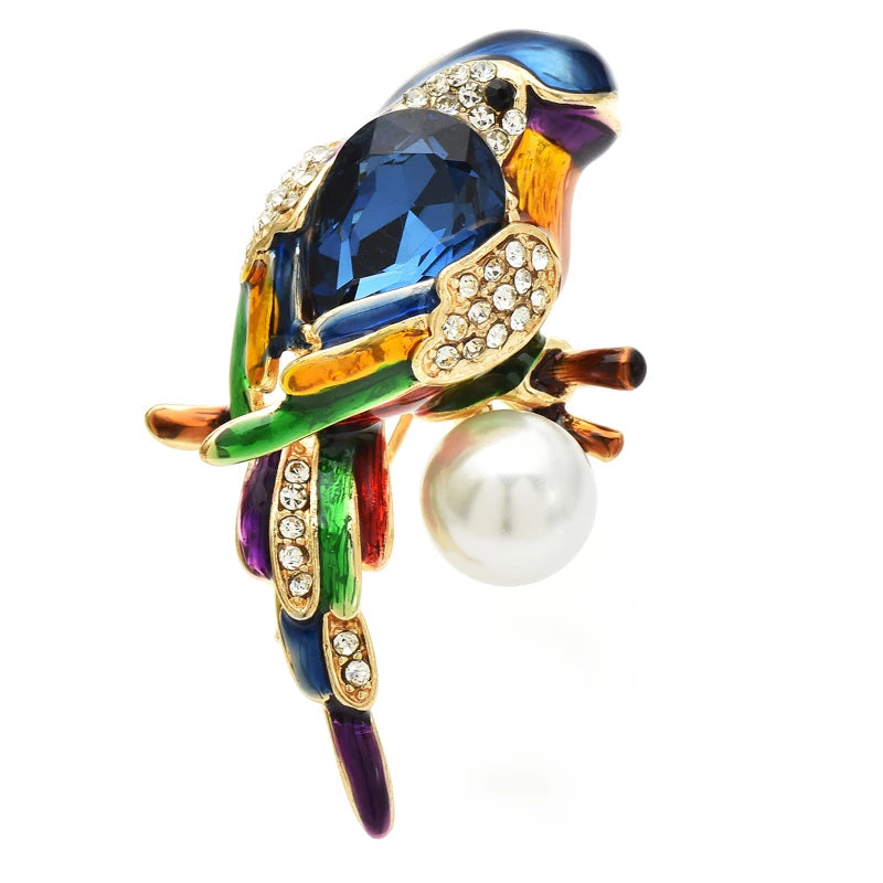 Jeweled Parrot with Pearl-Look Drop Brooch
