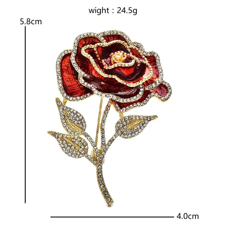 Red Enamel Rose with Rhinestone Stem Brooch — dimensions